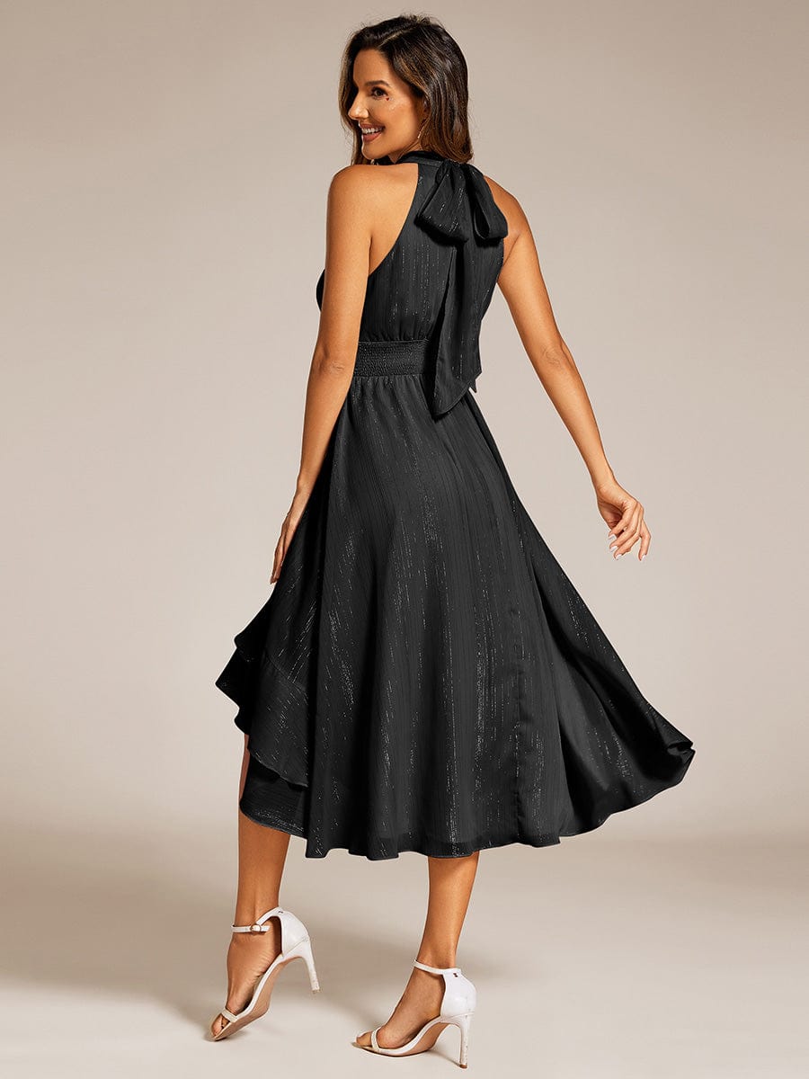 Sparkly High-Low Ruffle Halter Neck Wedding Guest Dress with Pleating #color_Black