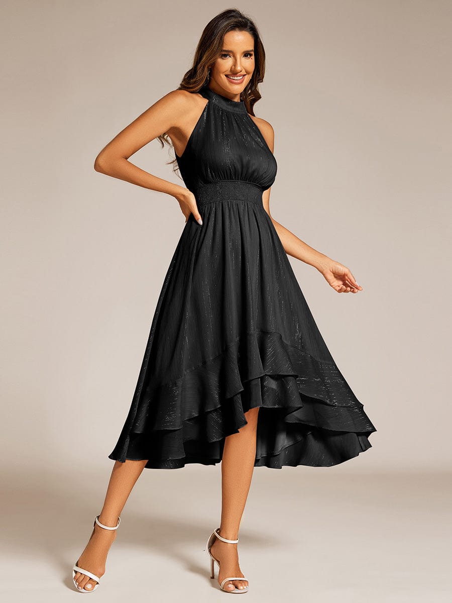 Sparkly High-Low Ruffle Halter Neck Wedding Guest Dress with Pleating #color_Black