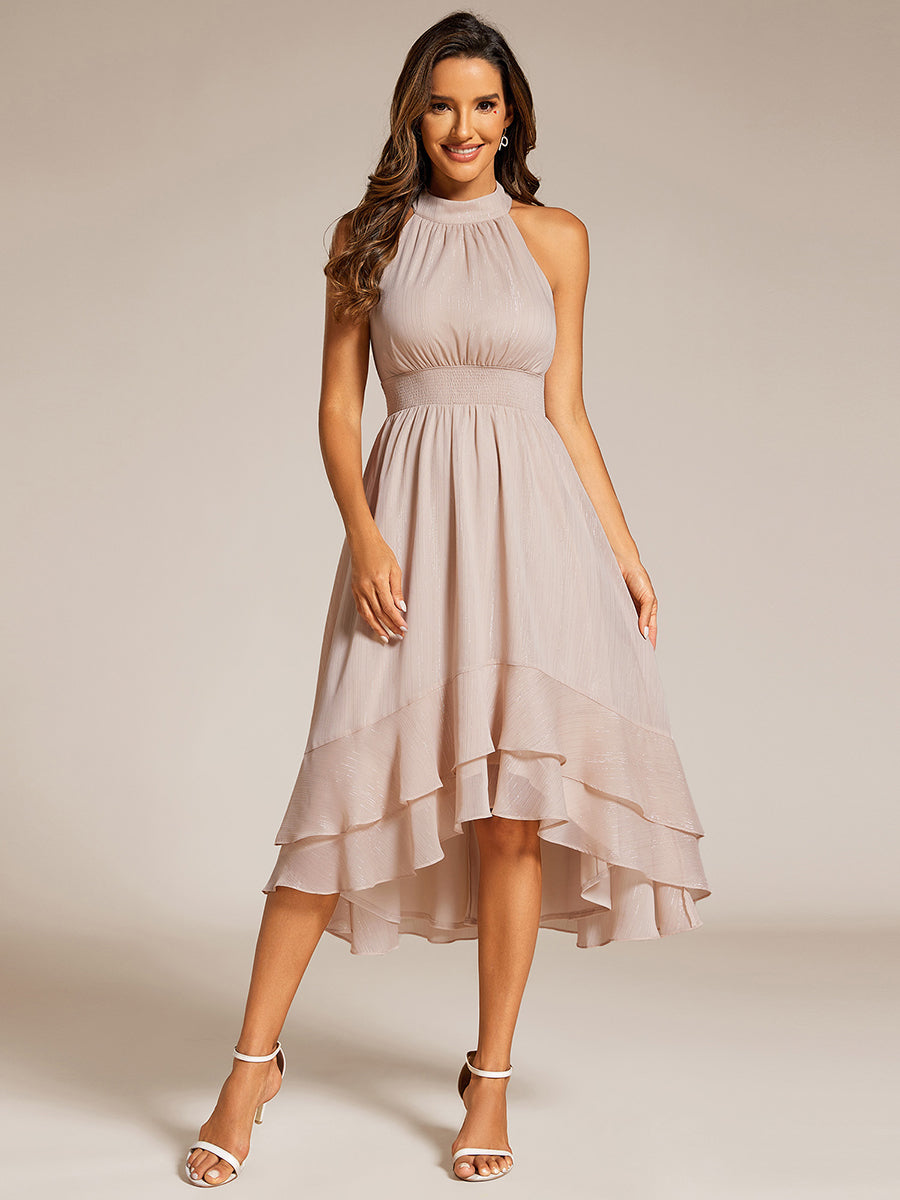 Sparkly High-Low Ruffle Halter Neck Wedding Guest Dress with Pleating #color_Champagne