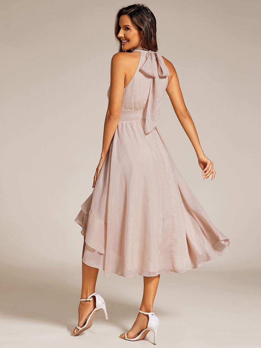 Sparkly High-Low Ruffle Halter Neck Wedding Guest Dress with Pleating #color_Champagne