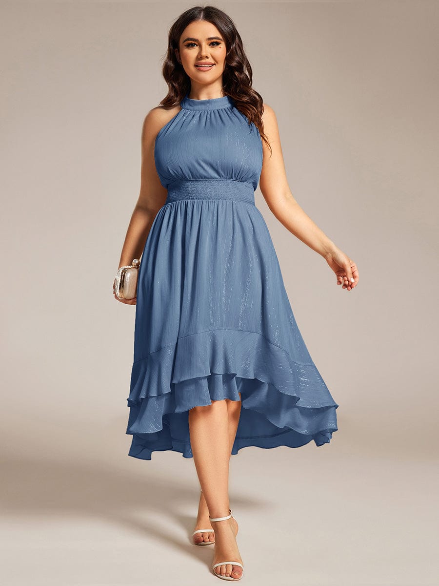 Sparkly High-Low Ruffle Halter Neck Wedding Guest Dress with Pleating #color_Dusty Navy