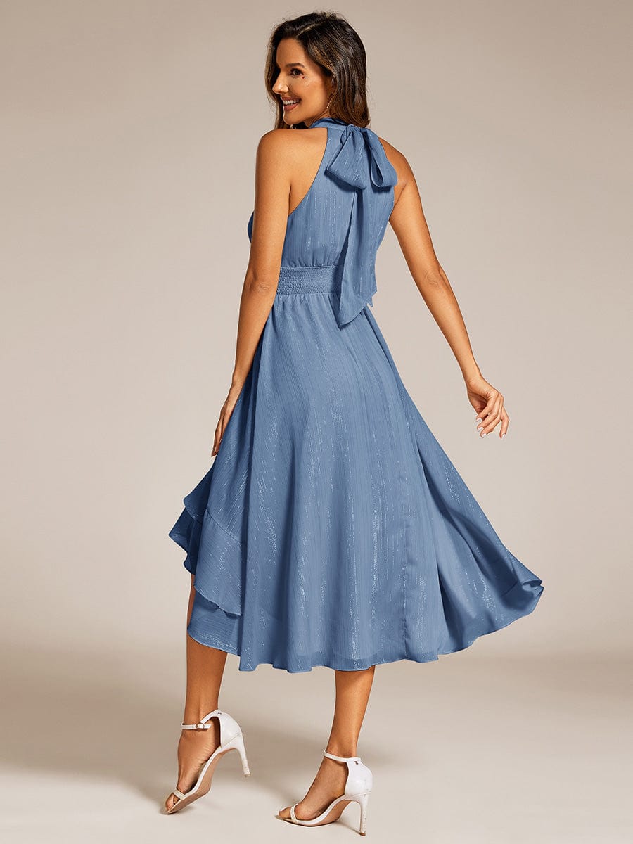 Sparkly High-Low Ruffle Halter Neck Wedding Guest Dress with Pleating #color_Dusty Blue