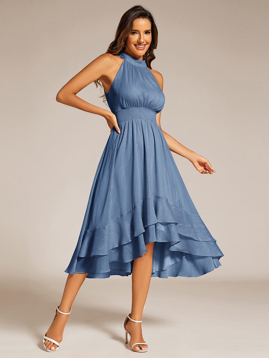 Sparkly High-Low Ruffle Halter Neck Wedding Guest Dress with Pleating #color_Dusty Navy