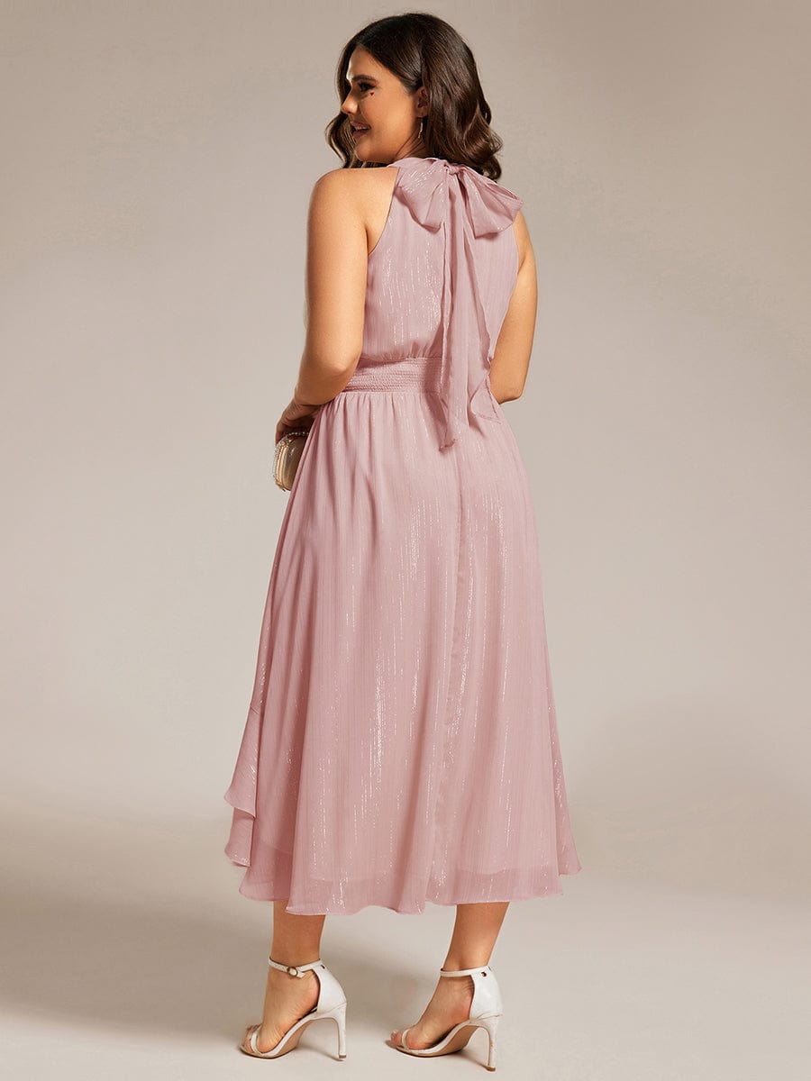 Sparkly High-Low Ruffle Halter Neck Wedding Guest Dress with Pleating #color_Dusty Rose