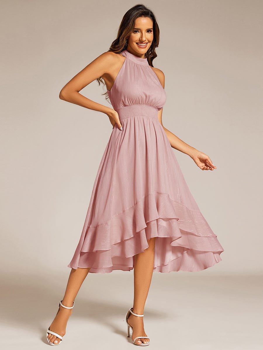Sparkly High-Low Ruffle Halter Neck Wedding Guest Dress with Pleating #color_Dusty Rose