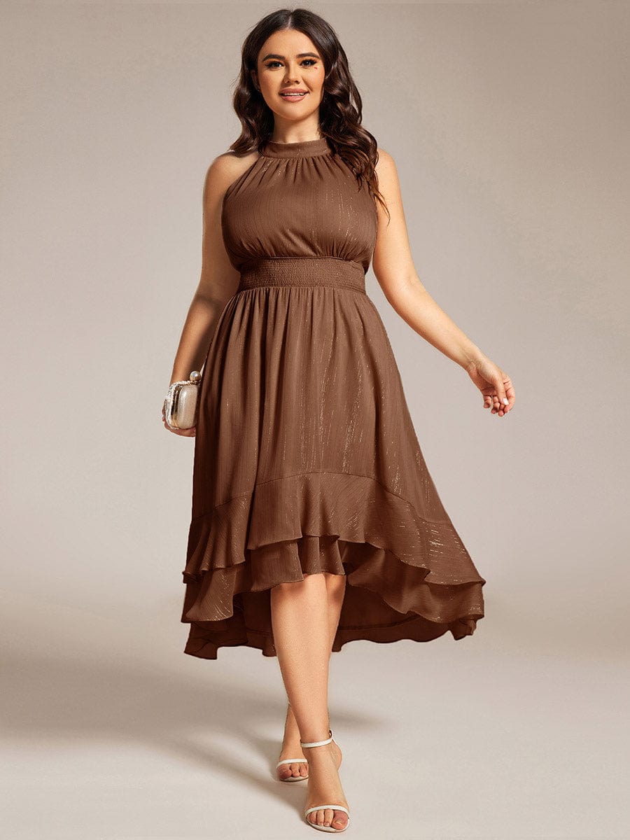 Custom Size Sparkly High-Low Ruffle Halter Neck Wedding Guest Dress with Pleating #color_Brown