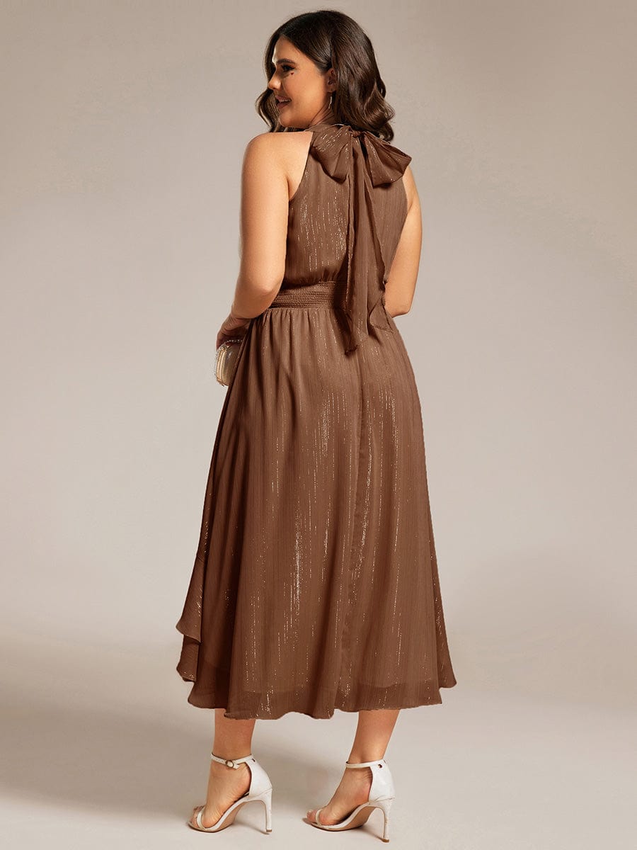 Custom Size Sparkly High-Low Ruffle Halter Neck Wedding Guest Dress with Pleating #color_Brown