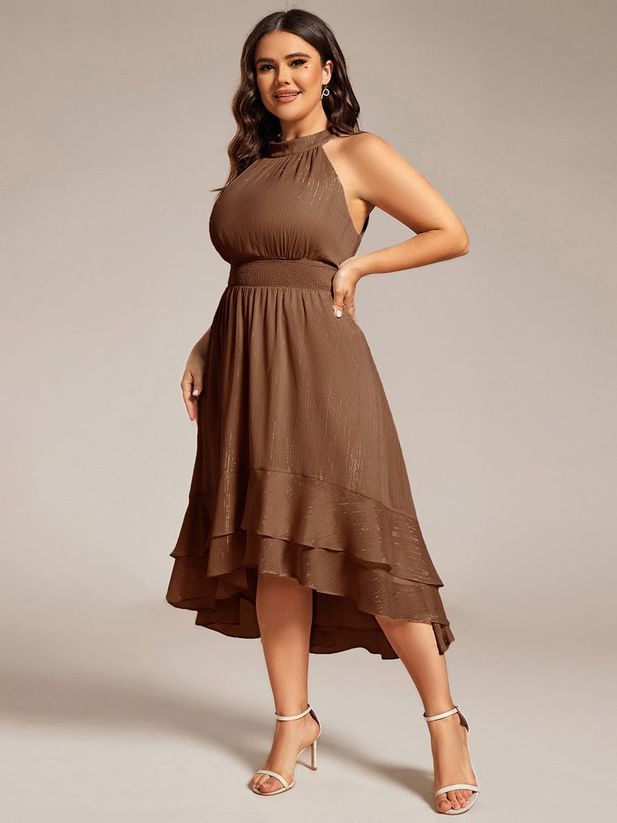 Custom Size Sparkly High-Low Ruffle Halter Neck Wedding Guest Dress with Pleating #color_Brown