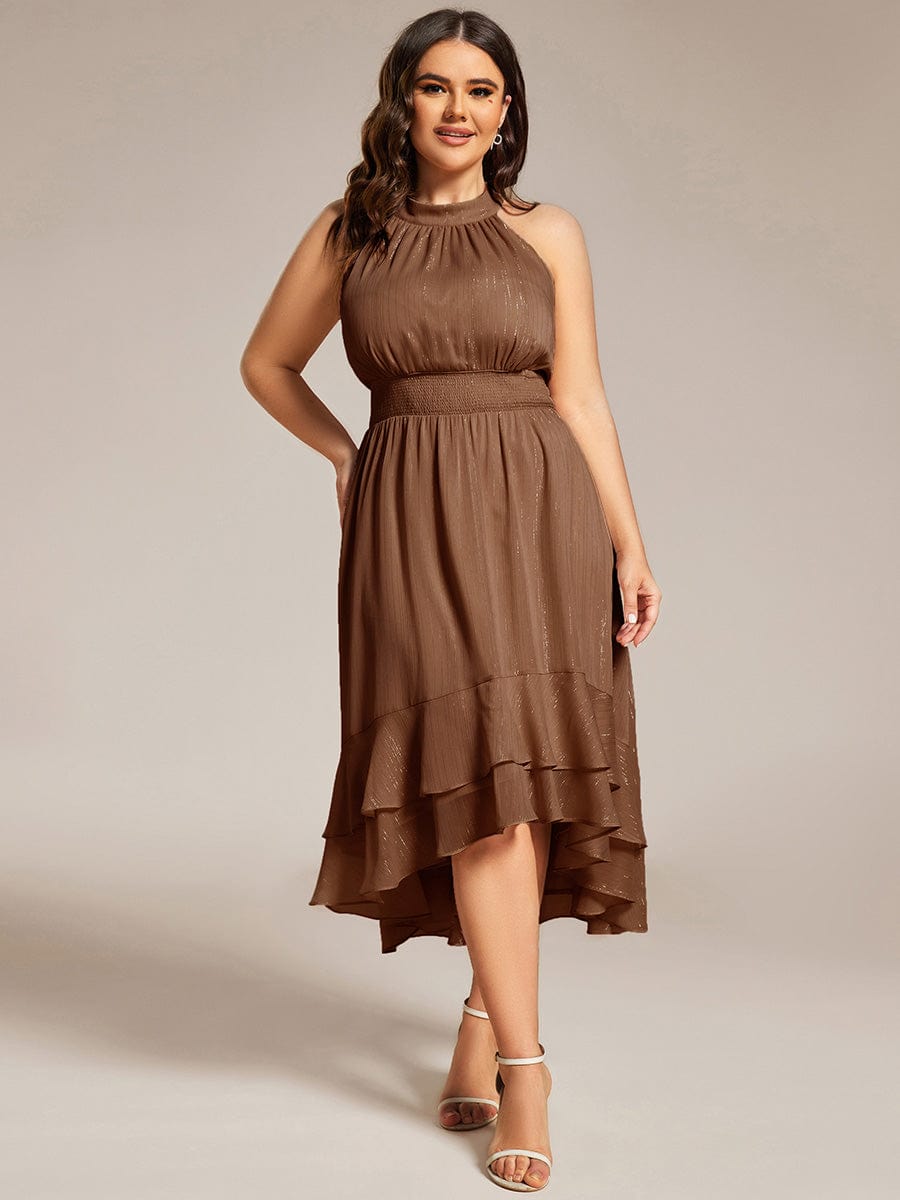 Custom Size Sparkly High-Low Ruffle Halter Neck Wedding Guest Dress with Pleating #color_Brown