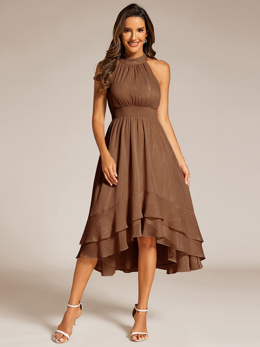 Custom Size Sparkly High-Low Ruffle Halter Neck Wedding Guest Dress with Pleating #color_Brown