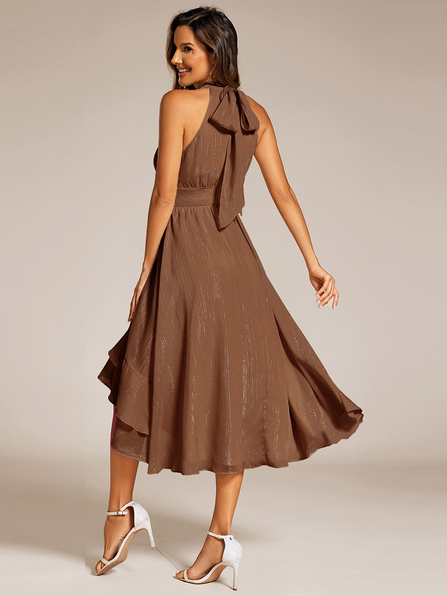 Custom Size Sparkly High-Low Ruffle Halter Neck Wedding Guest Dress with Pleating #color_Brown