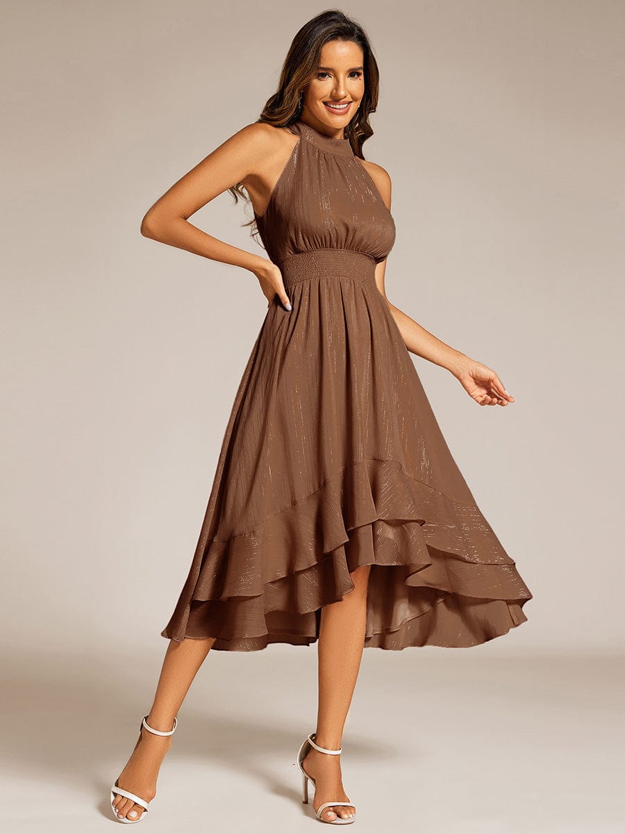 Custom Size Sparkly High-Low Ruffle Halter Neck Wedding Guest Dress with Pleating #color_Brown