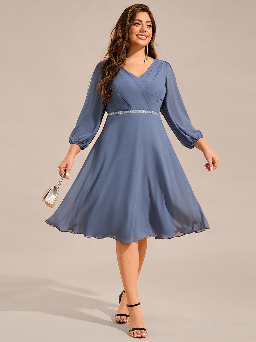 Pleated A-Line Long Sleeve Midi Chiffon Wedding Guest Dress #color_Dusty Navy