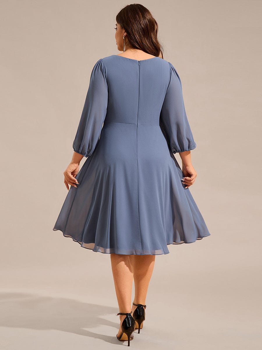 Pleated A-Line Long Sleeve Midi Chiffon Wedding Guest Dress #color_Dusty Navy