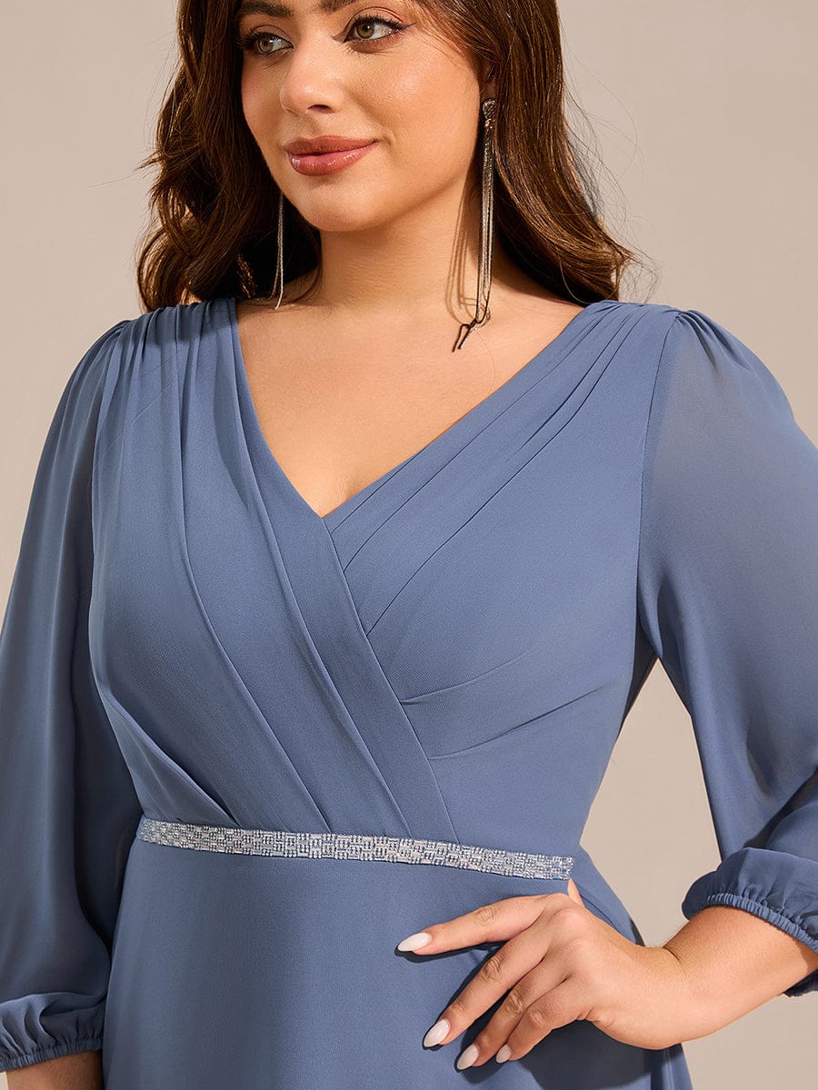 Plus Size Long Sleeve Midi A-Line Wedding Guest Dress with Waist Chain  #color_Dusty Navy