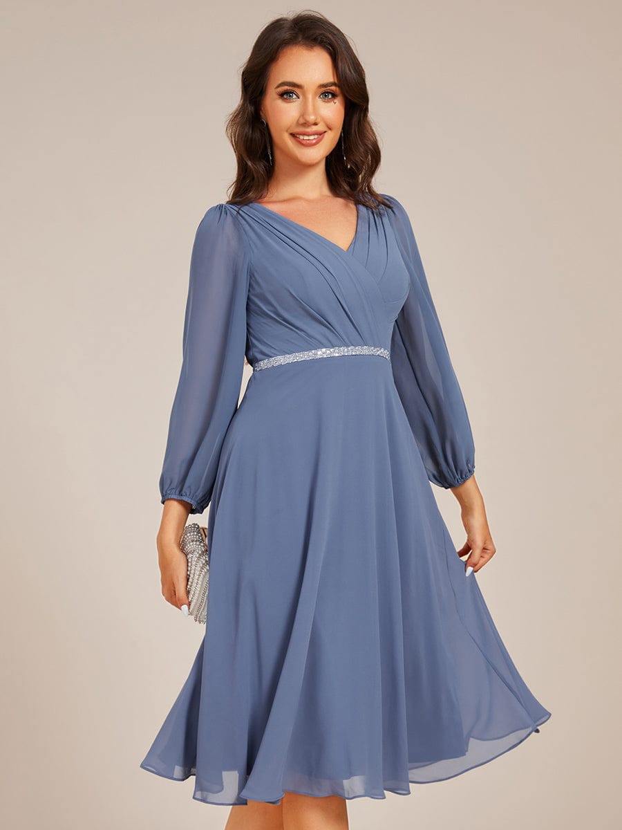 Pleated A-Line Long Sleeve Midi Chiffon Wedding Guest Dress #color_Dusty Navy