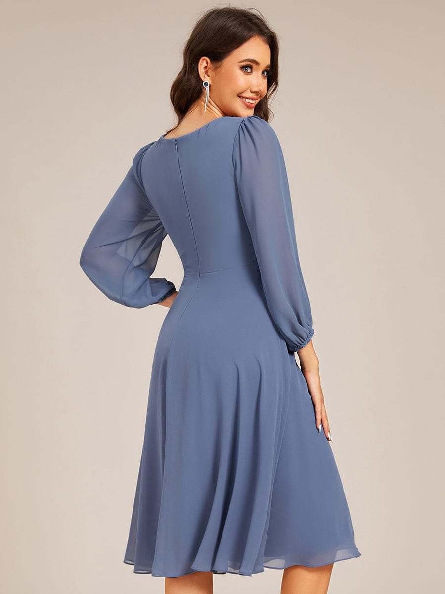 Pleated A-Line Long Sleeve Midi Chiffon Wedding Guest Dress #color_Dusty Blue