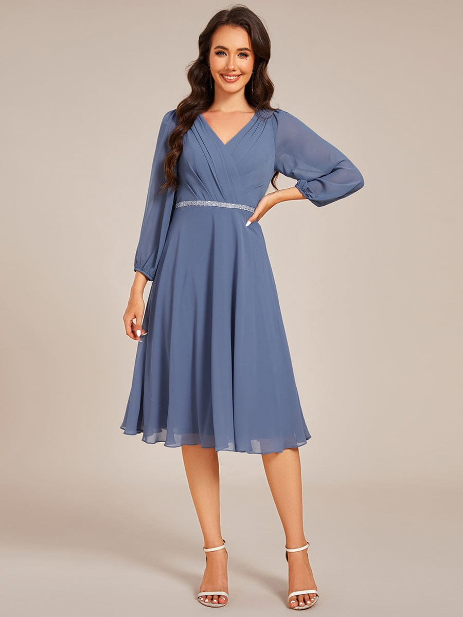 Pleated A-Line Long Sleeve Midi Chiffon Wedding Guest Dress #color_Dusty Navy