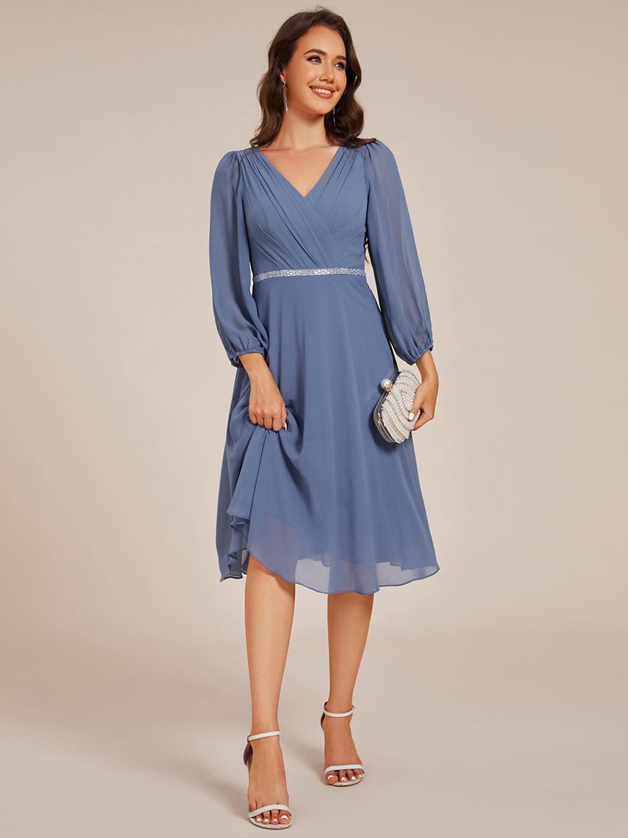 Pleated A-Line Long Sleeve Midi Chiffon Wedding Guest Dress #color_Dusty Navy