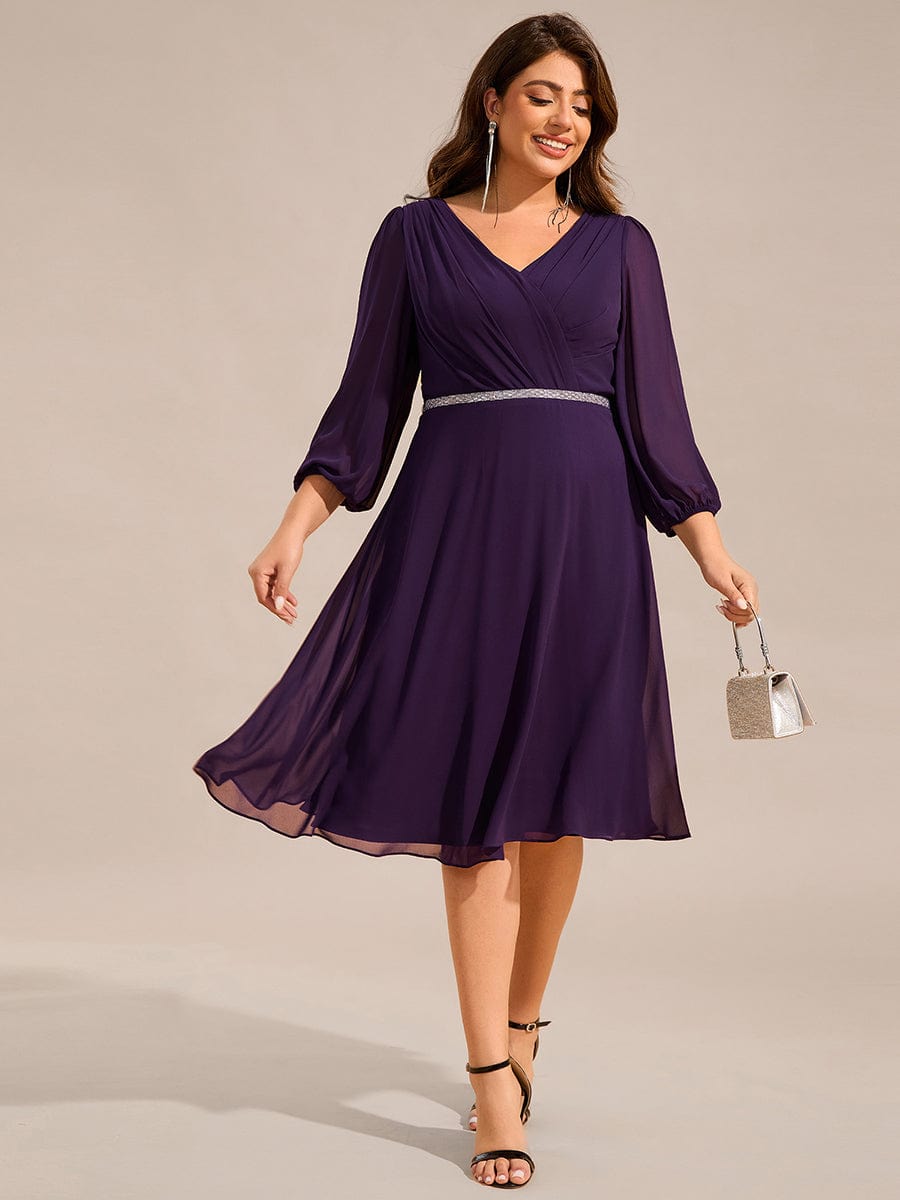 Pleated A-Line Long Sleeve Midi Chiffon Wedding Guest Dress #color_Dark Purple