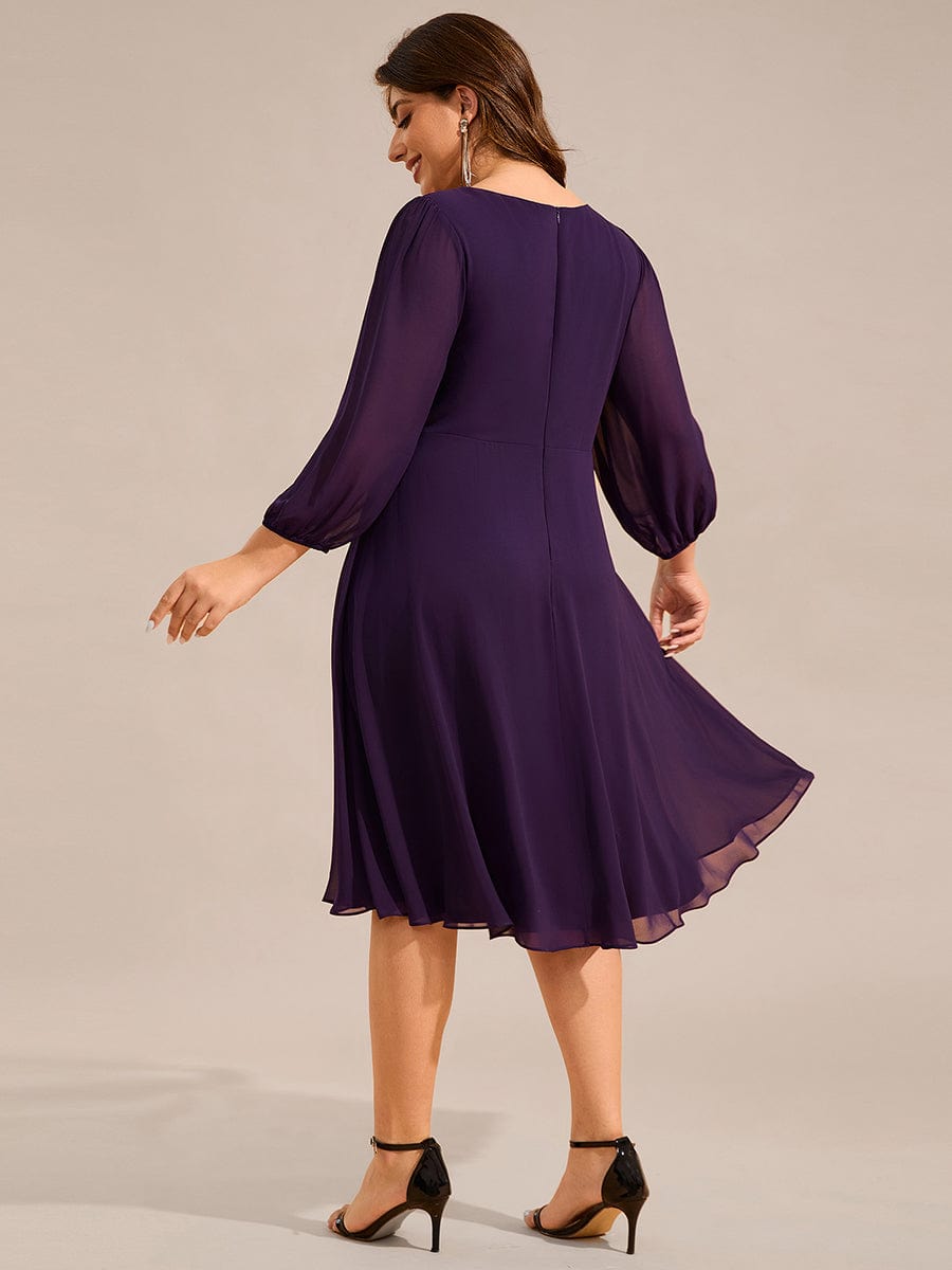 Plus Size Long Sleeve Midi A-Line Wedding Guest Dress with Waist Chain  #color_Dark Purple