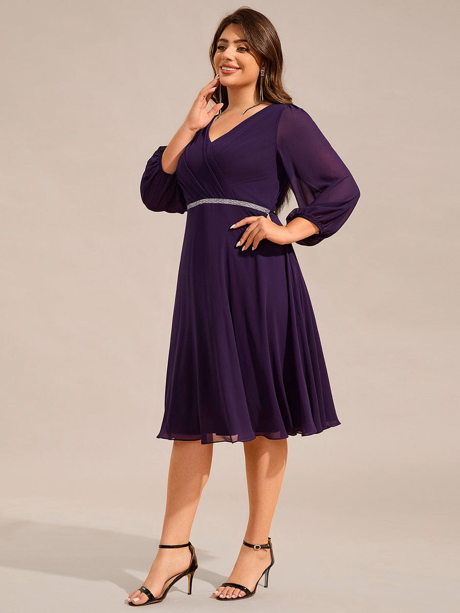 Plus Size Long Sleeve Midi A-Line Wedding Guest Dress with Waist Chain  #color_Dark Purple