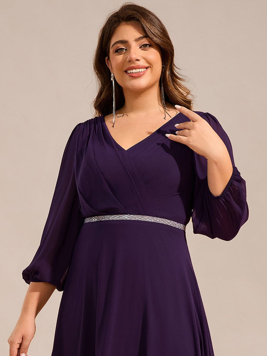 Plus Size Long Sleeve Midi A-Line Wedding Guest Dress with Waist Chain  #color_Dark Purple