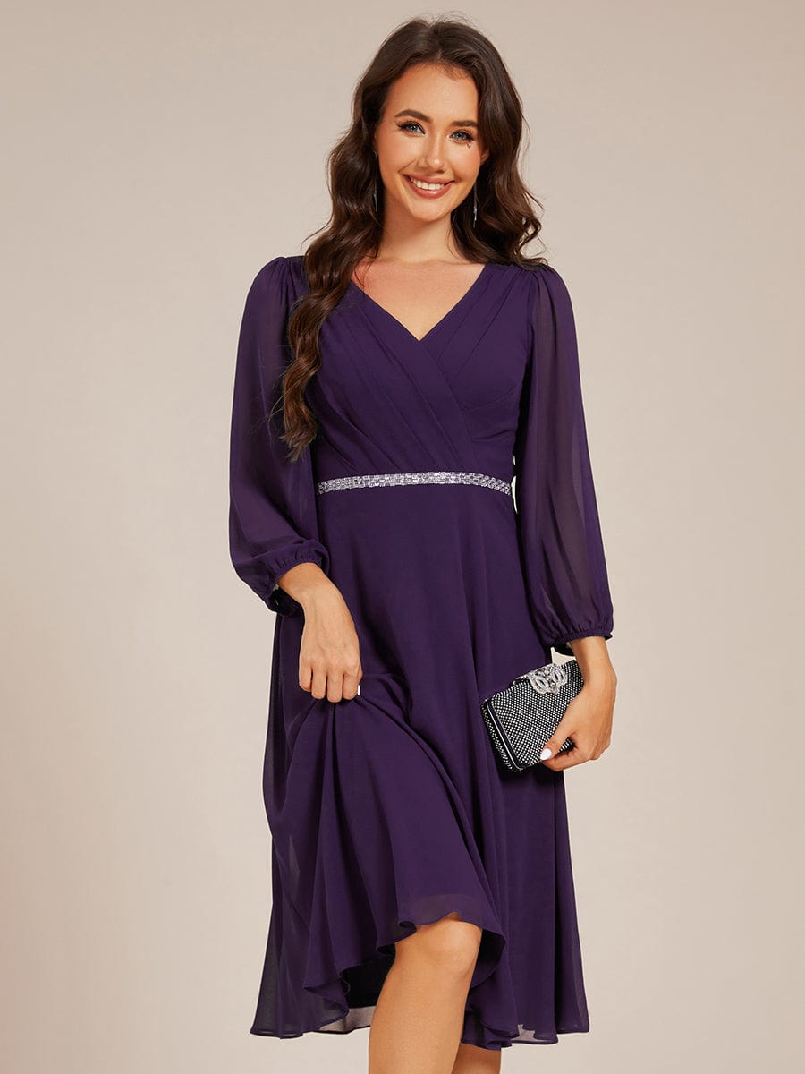 Pleated A-Line Long Sleeve Midi Chiffon Wedding Guest Dress #color_Dark Purple