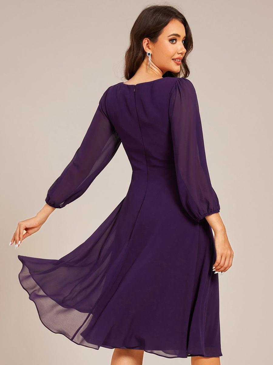 Pleated A-Line Long Sleeve Midi Chiffon Wedding Guest Dress #color_Dark Purple