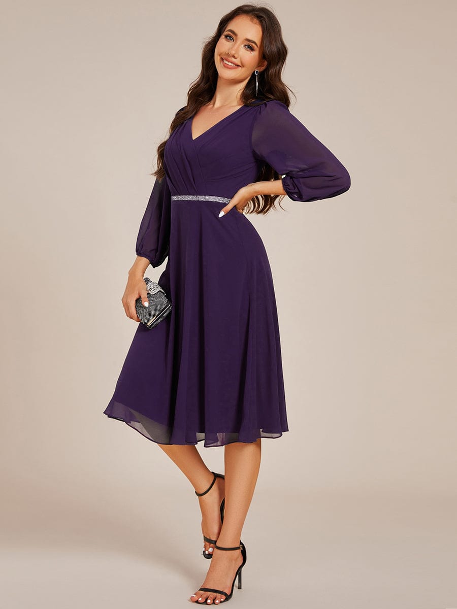 Pleated A-Line Long Sleeve Midi Chiffon Wedding Guest Dress #color_Dark Purple