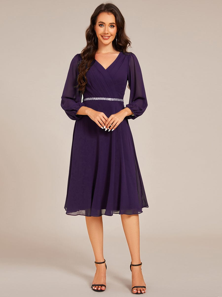 Pleated A-Line Long Sleeve Midi Chiffon Wedding Guest Dress #color_Dark Purple