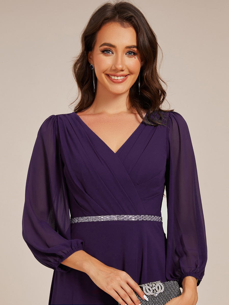 Pleated A-Line Long Sleeve Midi Chiffon Wedding Guest Dress #color_Dark Purple