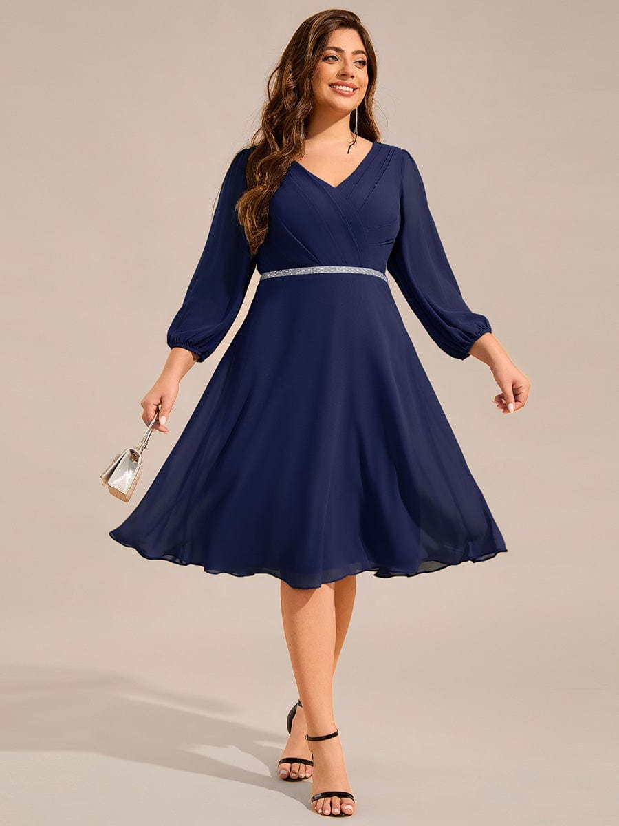 Plus Size Long Sleeve Midi A-Line Wedding Guest Dress with Waist Chain  #color_Navy Blue