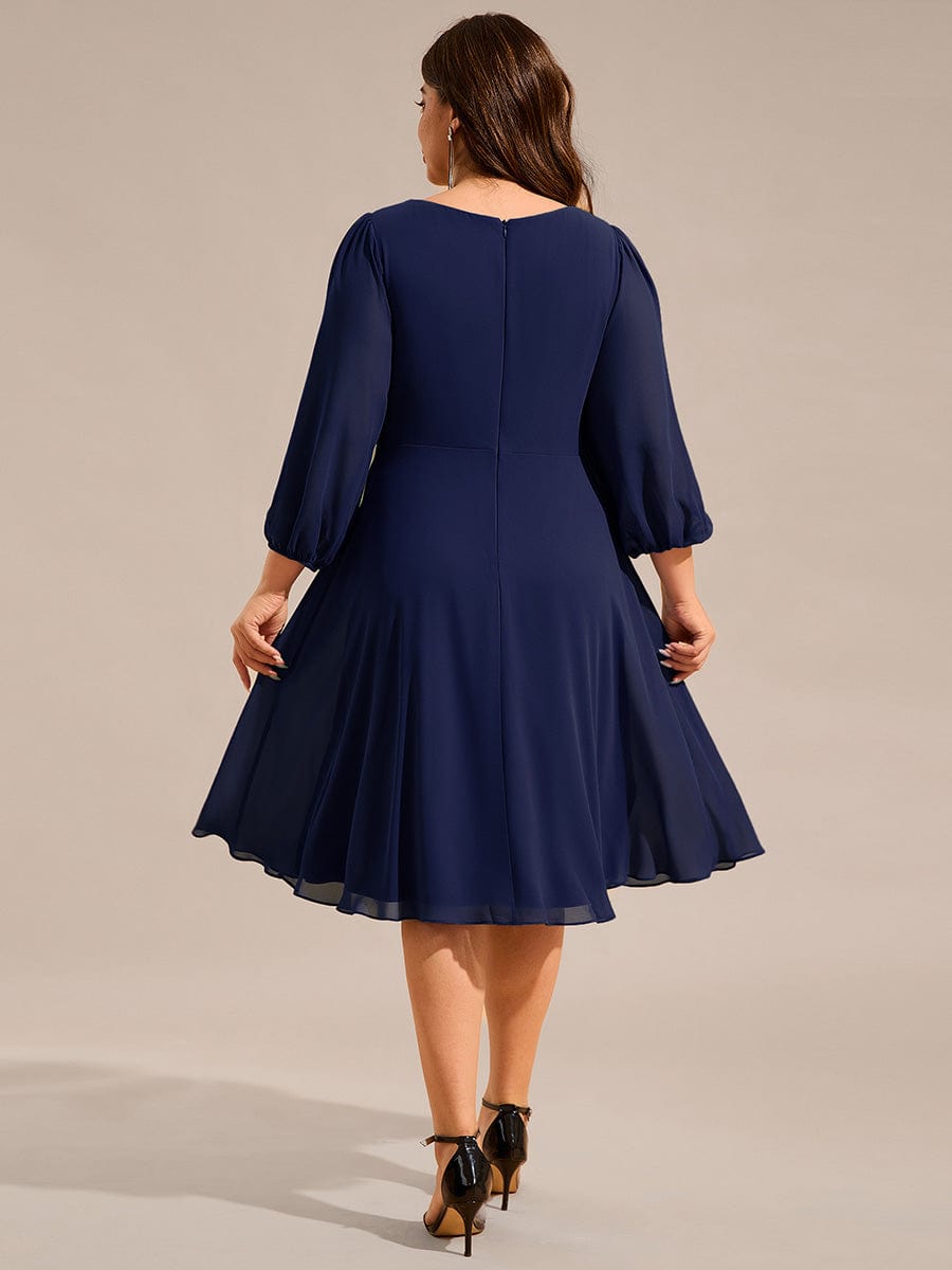 Pleated A-Line Long Sleeve Midi Chiffon Wedding Guest Dress #color_Navy Blue