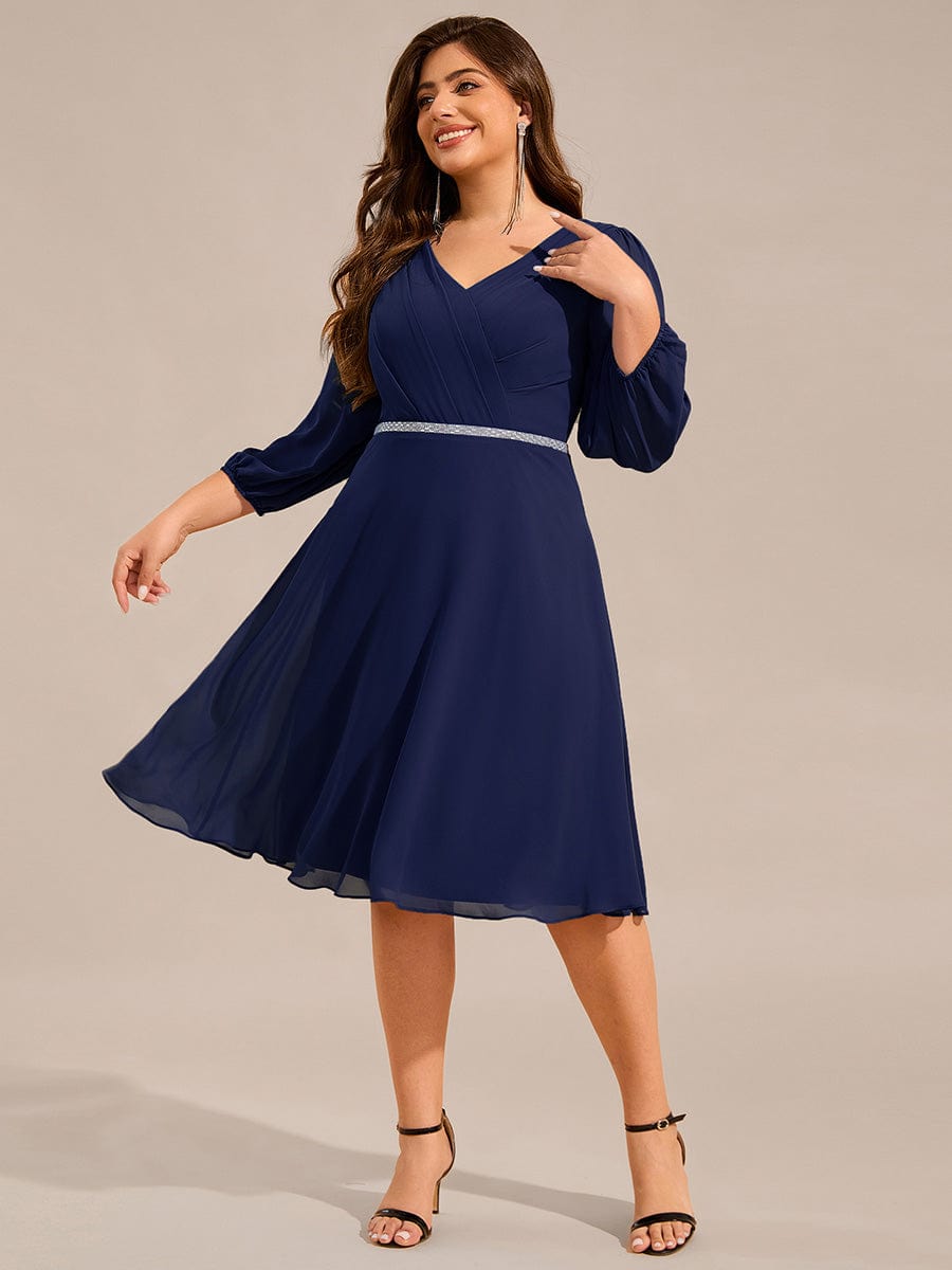 Pleated A-Line Long Sleeve Midi Chiffon Wedding Guest Dress #color_Navy Blue