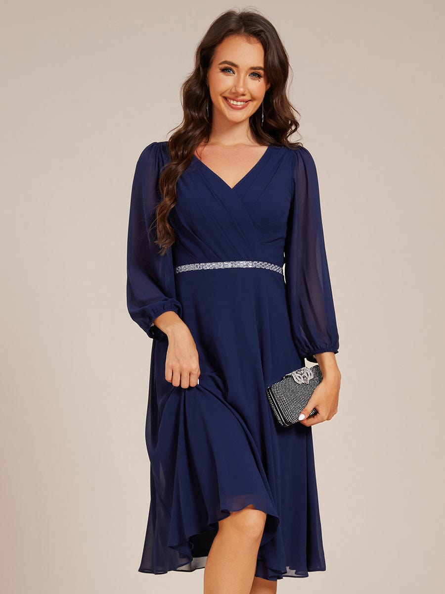 Pleated A-Line Long Sleeve Midi Chiffon Wedding Guest Dress #color_Navy Blue