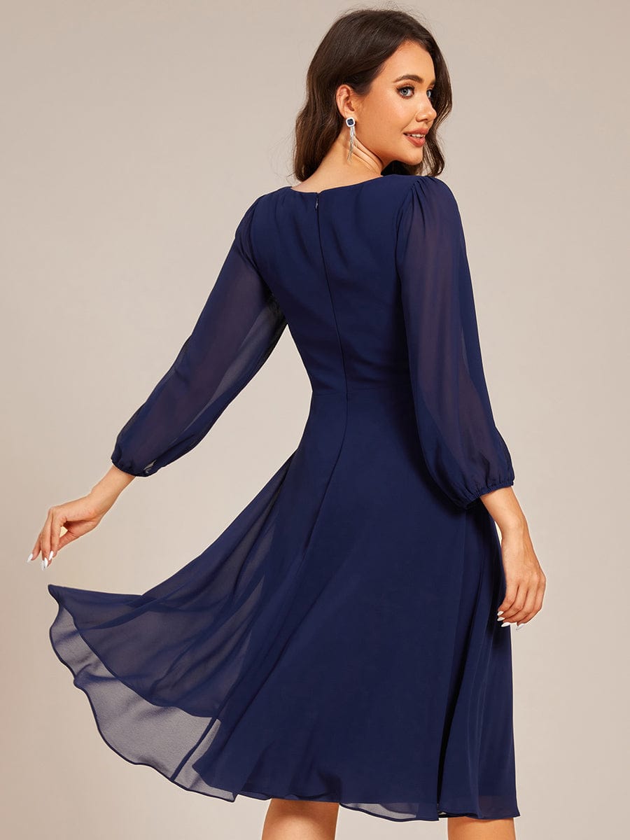 Pleated A-Line Long Sleeve Midi Chiffon Wedding Guest Dress #color_Navy Blue