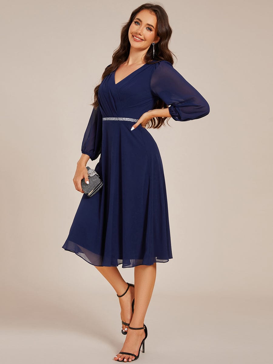 Pleated A-Line Long Sleeve Midi Chiffon Wedding Guest Dress #color_Navy Blue