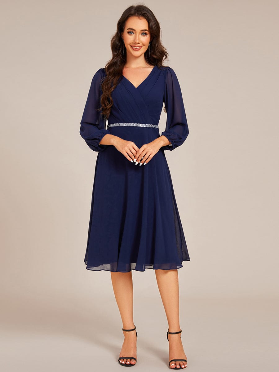 Pleated A-Line Long Sleeve Midi Chiffon Wedding Guest Dress #color_Navy Blue