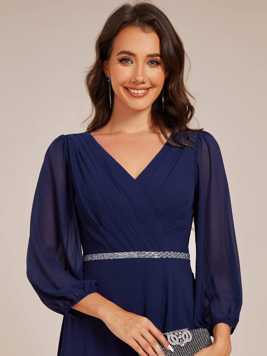 Pleated A-Line Long Sleeve Midi Chiffon Wedding Guest Dress #color_Navy Blue