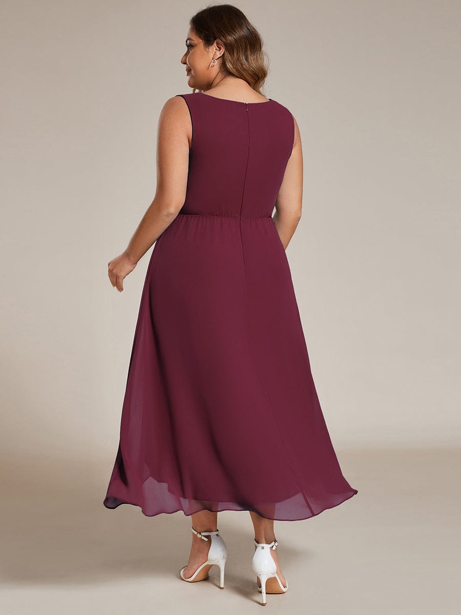 Sleeveless V-Neck High Low Wedding Guest Dress with Floral Applique #color_Burgundy