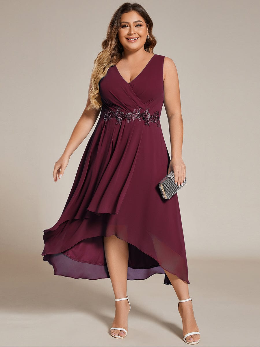 Sleeveless V-Neck High Low Plus Size Wedding Guest Dress with Floral Applique #color_Burgundy