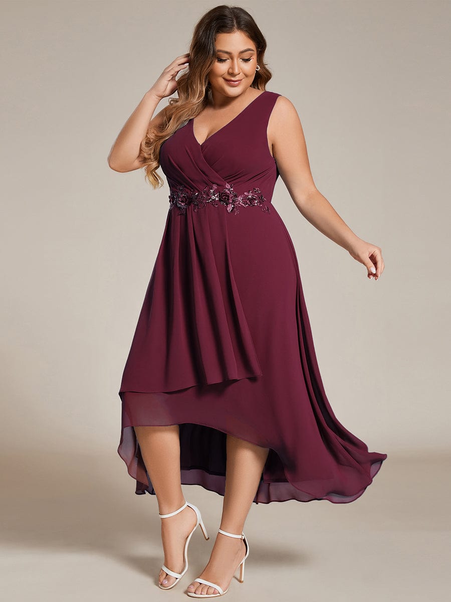 Sleeveless V-Neck High Low Plus Size Wedding Guest Dress with Floral Applique #color_Burgundy