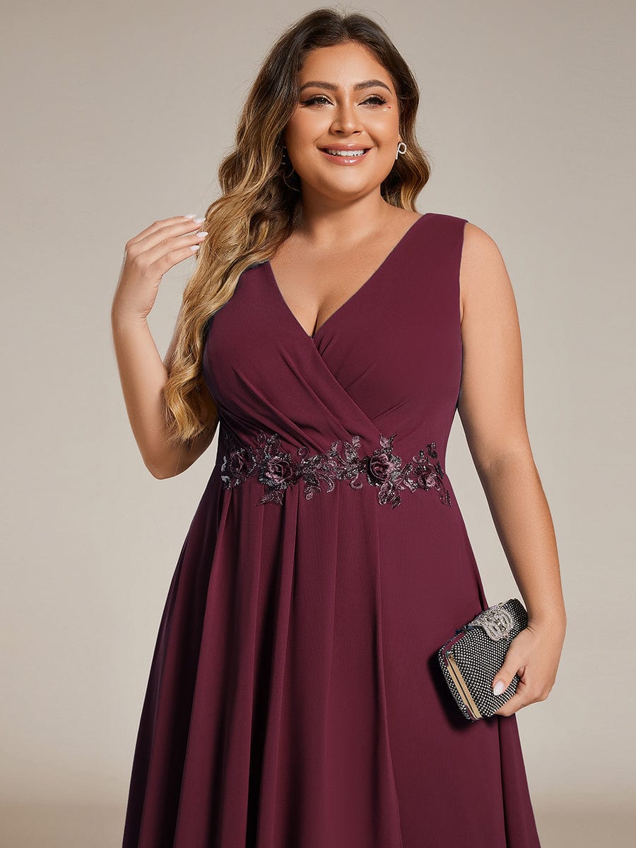 Sleeveless V-Neck High Low Plus Size Wedding Guest Dress with Floral Applique #color_Burgundy