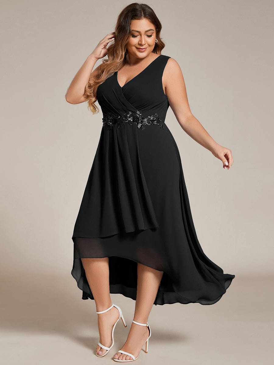 Sleeveless V-Neck High Low Plus Size Wedding Guest Dress with Floral Applique #color_Black