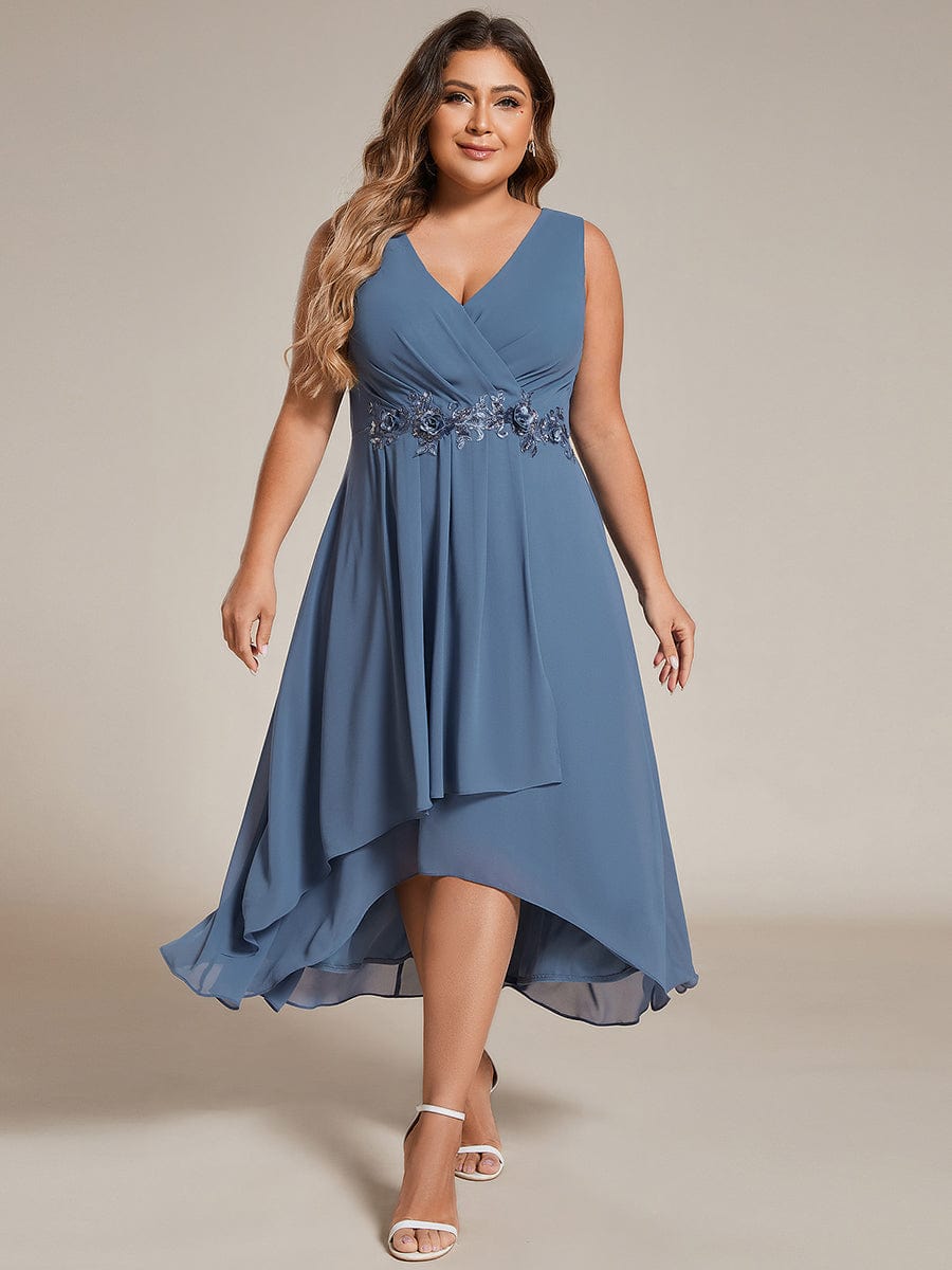 Sleeveless V-Neck High Low Wedding Guest Dress with Floral Applique #color_Dusty Navy