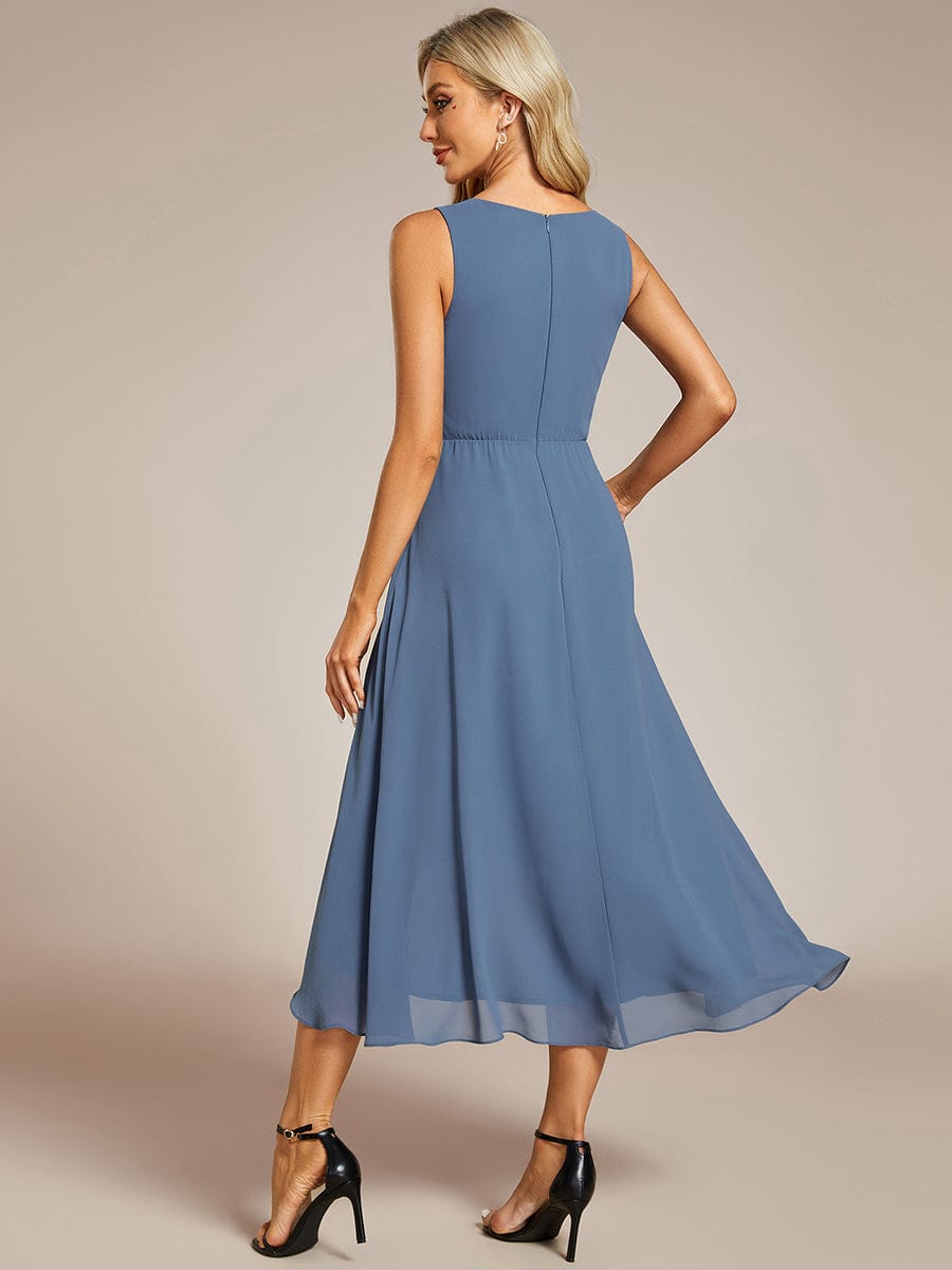 Sleeveless V-Neck High Low Wedding Guest Dress with Floral Applique #color_Dusty Blue