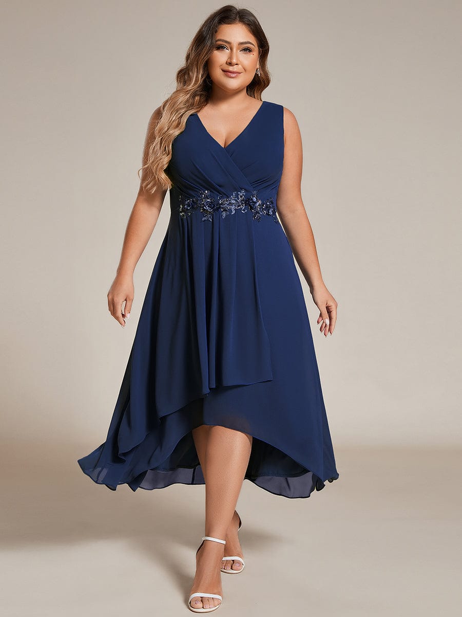 Sleeveless V-Neck High Low Plus Size Wedding Guest Dress with Floral Applique #color_Navy Blue