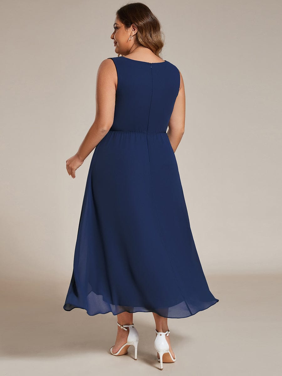 Sleeveless V-Neck High Low Wedding Guest Dress with Floral Applique #color_Navy Blue