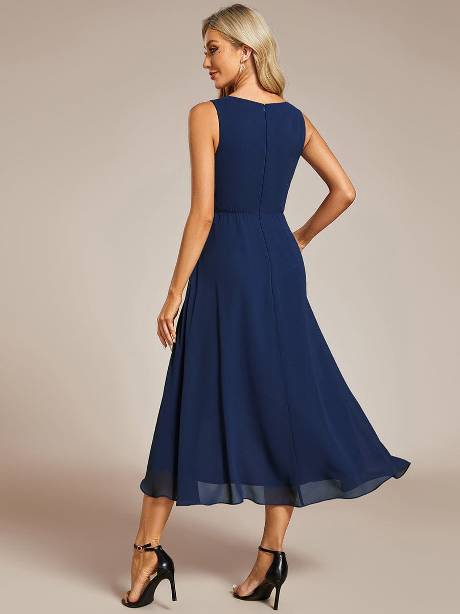Sleeveless V-Neck High Low Wedding Guest Dress with Floral Applique #color_Navy Blue